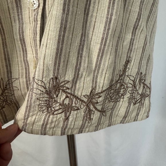 Cappagallo Linen Blend Button Down Shirt Striped Embroidered Short Sleeve Medium - Picture 3 of 10